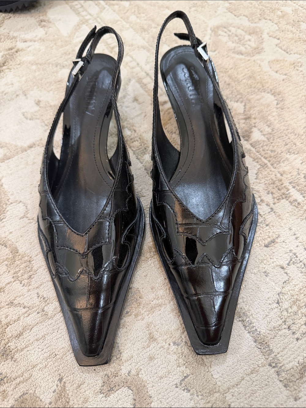 SCHUTZ Black Croc-Embossed Pointed Slingback Mules